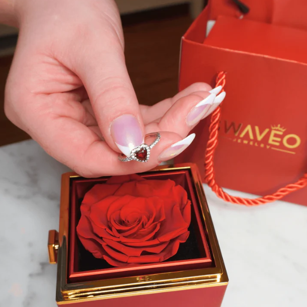 Rotating Forever Rose Box - W / Promise Ring (White Box Red Ring)
